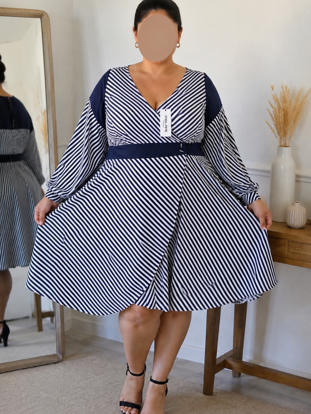 Prabal Gurung Navy & White Diagonal Stripe Wrap Midi Dress